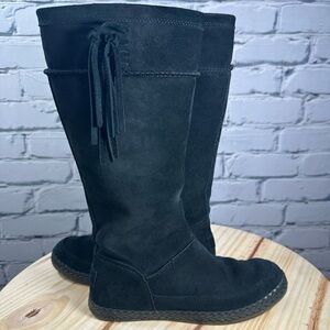 UGG Emerie Knee High Flat Boots Black Genuine Suede Fringe Boho Size 6